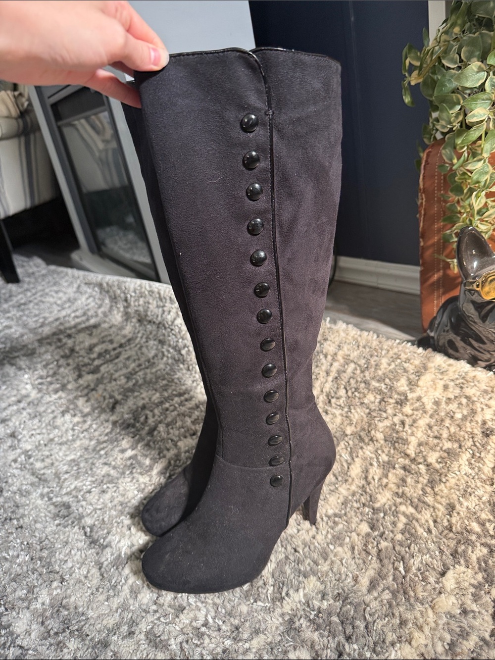 Black Knee-High Button Detail Suede Heeled Boots - Women